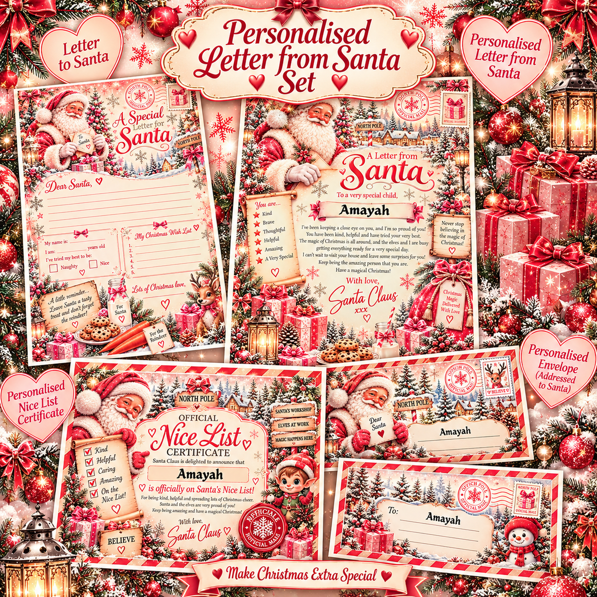 Pink personalised Santa letter bundle showing a letter, Nice List certificate and matching stationery in a festive collage.