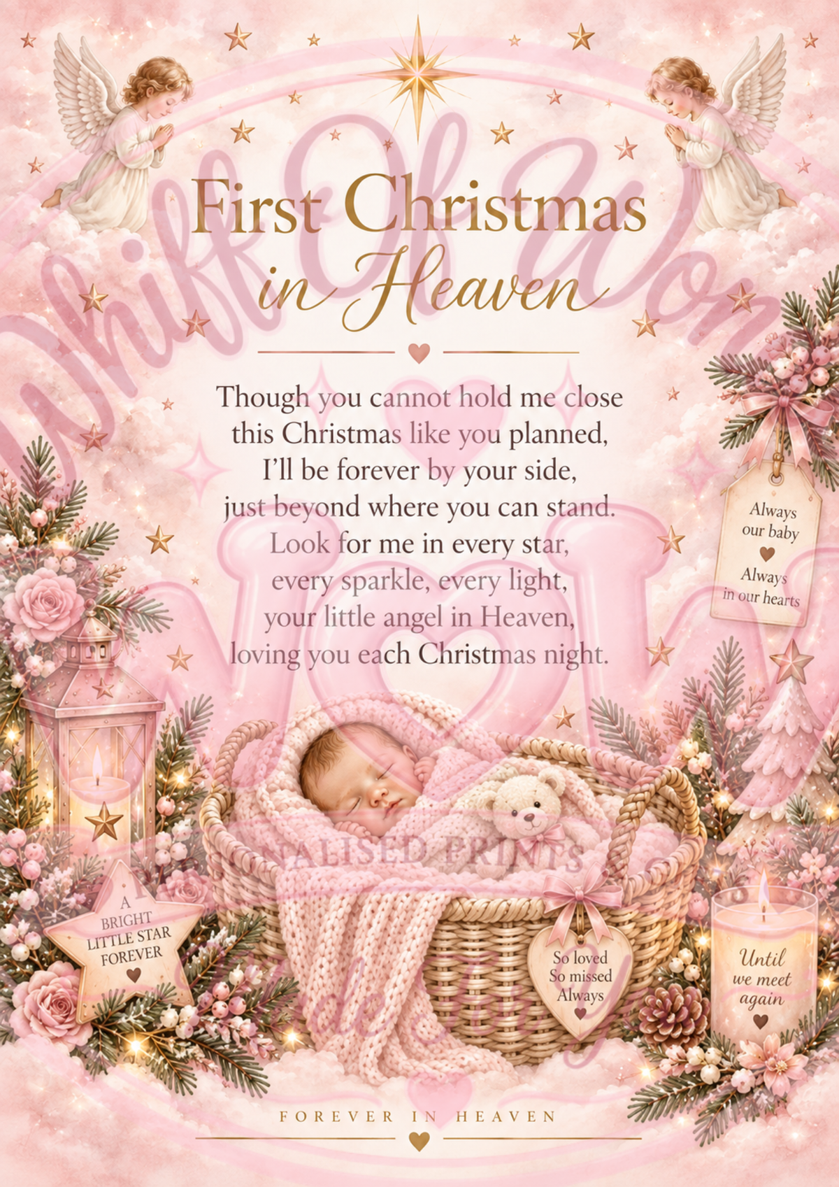 Pink Baby's First Christmas in Heaven memorial poem print with a sleeping baby, angels and festive decorations.
