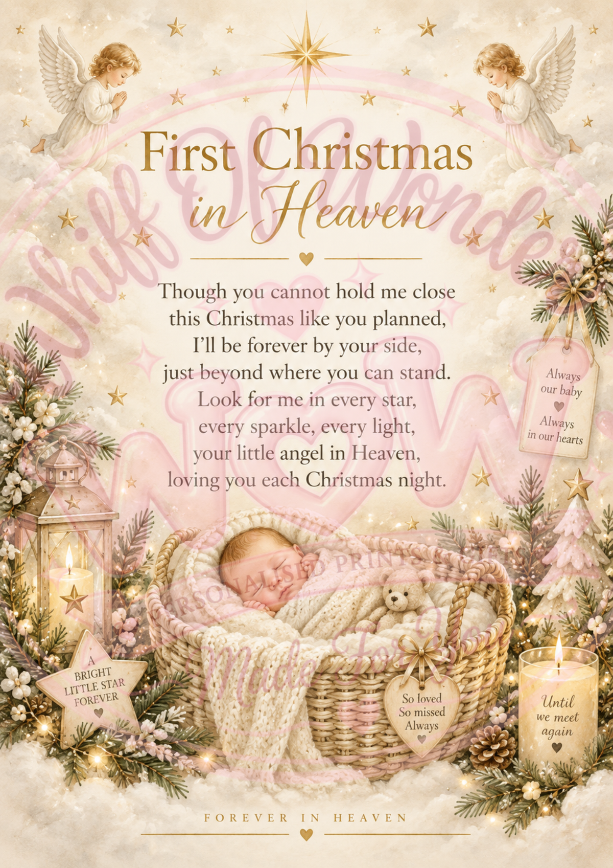 Neutral Baby's First Christmas in Heaven memorial poem print with a sleeping baby, angels and festive decorations.