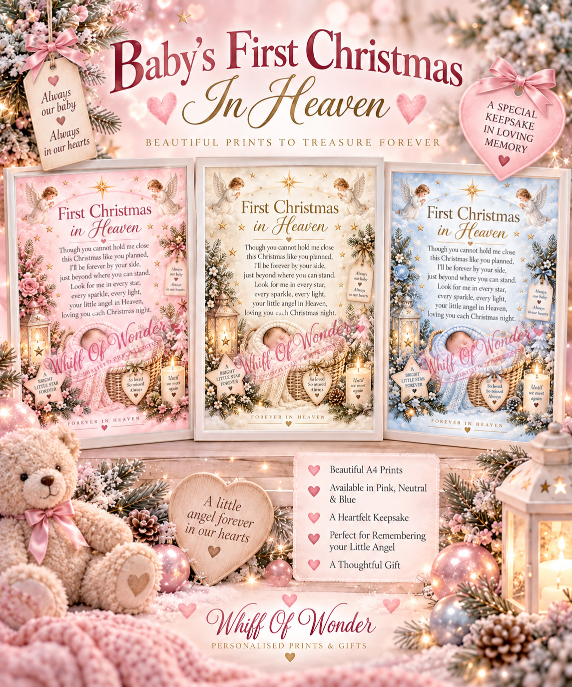 Baby's First Christmas in Heaven memorial print collage showing pink, blue and neutral designs with sleeping babies.
