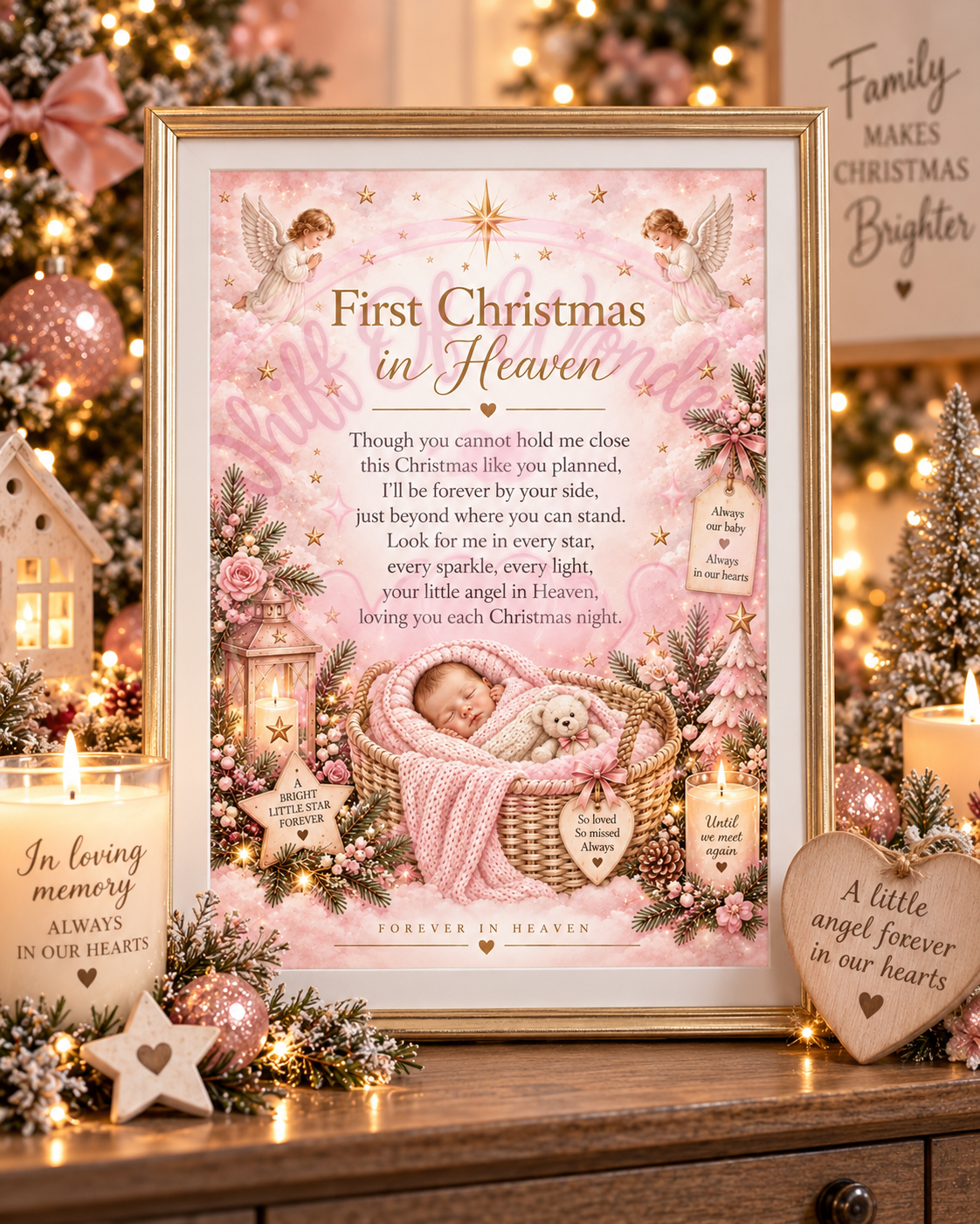 Framed pink Baby's First Christmas in Heaven memorial print with a sleeping baby, displayed beside Christmas decorations.