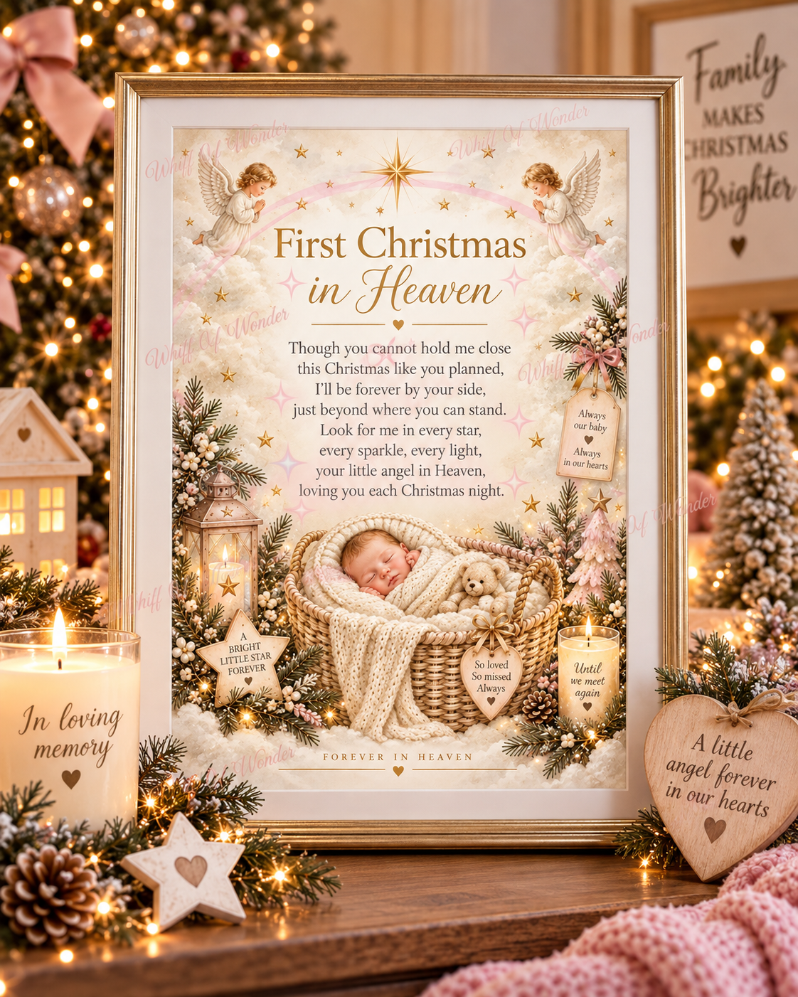 Framed neutral Baby's First Christmas in Heaven memorial print with a sleeping baby in a festive display.