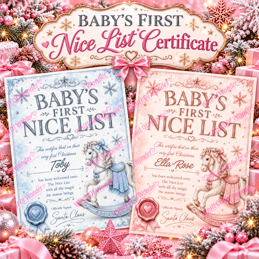 Pink and blue personalised Baby's First Nice List certificates with rocking horses in a festive display.