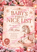 Pink personalised Baby's First Nice List certificate with a rocking horse, surrounded by Christmas decorations.