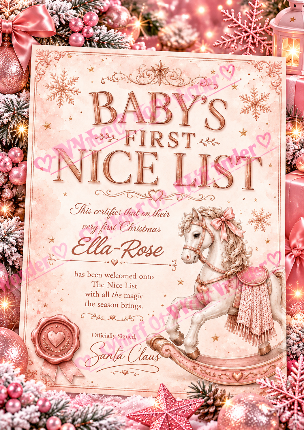 Pink personalised Baby's First Nice List certificate with a rocking horse, surrounded by Christmas decorations.
