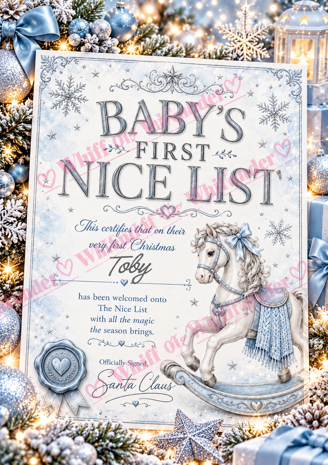 Blue personalised Baby's First Nice List certificate with a rocking horse, surrounded by Christmas decorations.