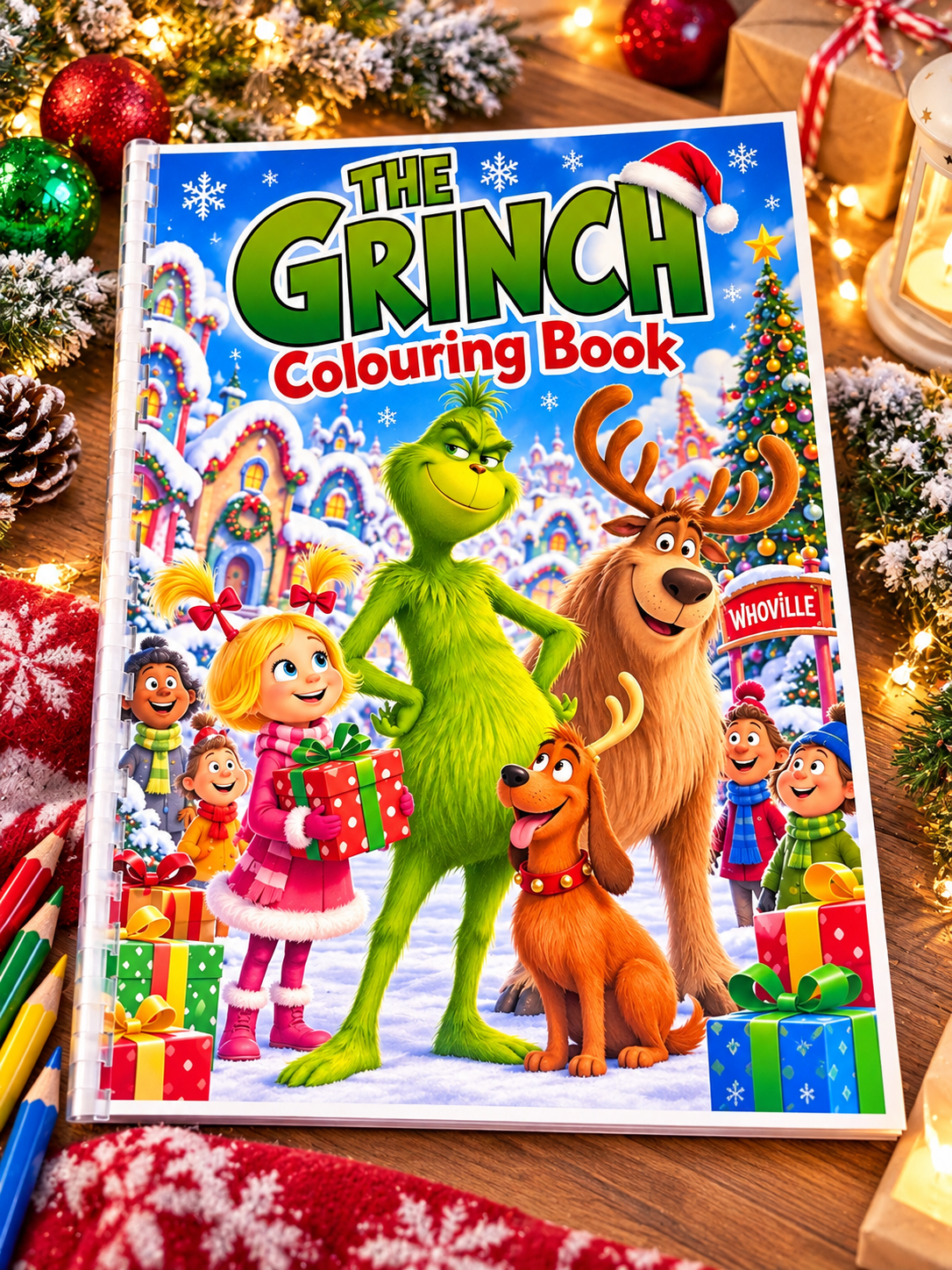 The Grinch colouring book cover featuring the Grinch, Max and festive characters in a Christmas display.