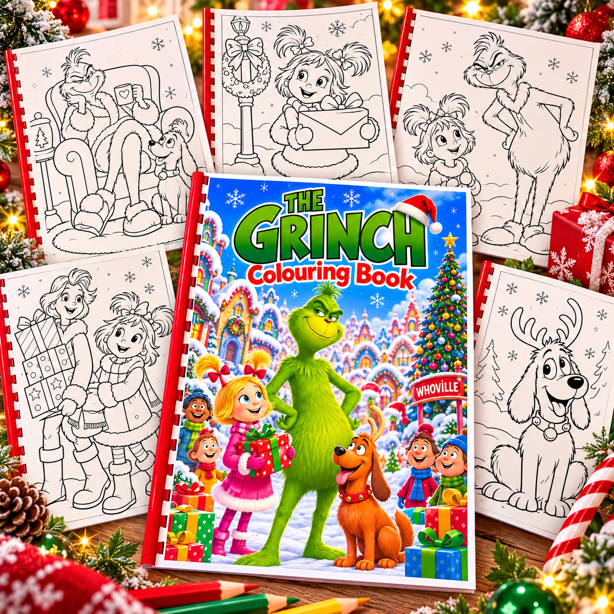 The Grinch colouring book cover surrounded by black-and-white Christmas character colouring pages.