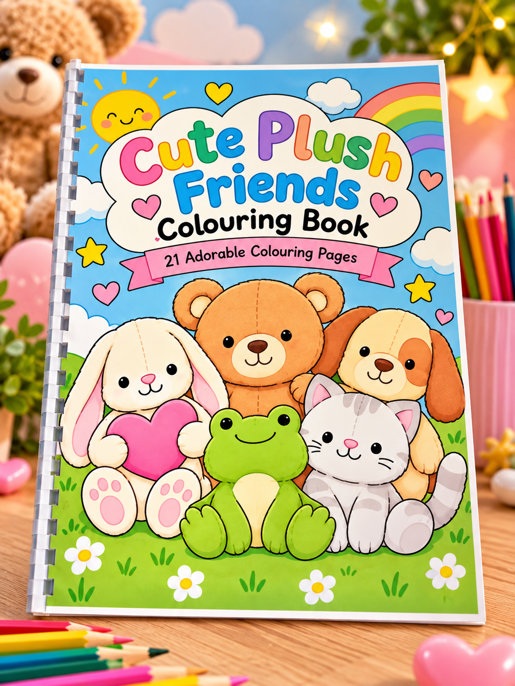 Cute Plush Friends colouring book cover with a teddy bear, bunny, frog, puppy and kitten.