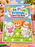 Cute Plush Friends colouring book cover with a teddy bear, bunny, frog, puppy and kitten.