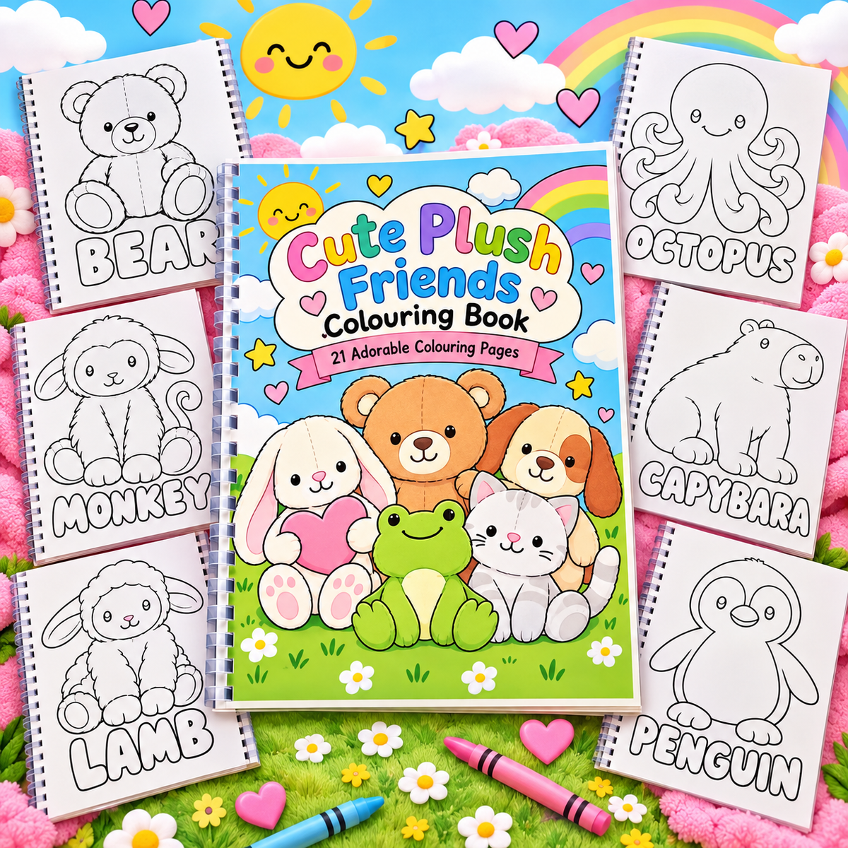 Cute Plush Friends colouring book cover surrounded by bear, octopus, monkey, capybara, lamb and penguin pages.
