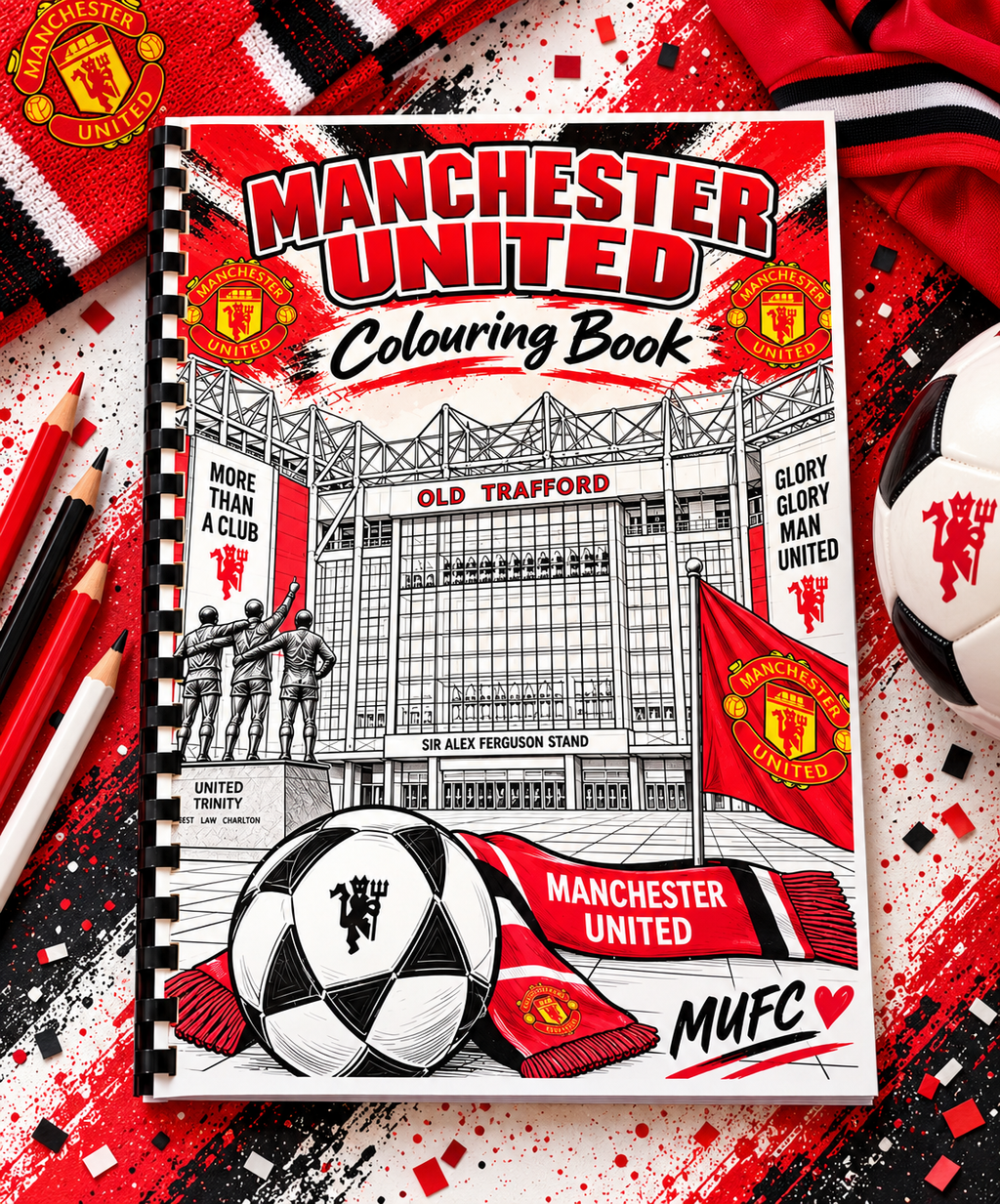 Manchester United colouring book cover featuring Old Trafford, a football and red club scarves.