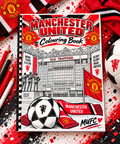 Manchester United colouring book cover featuring Old Trafford, a football and red club scarves.