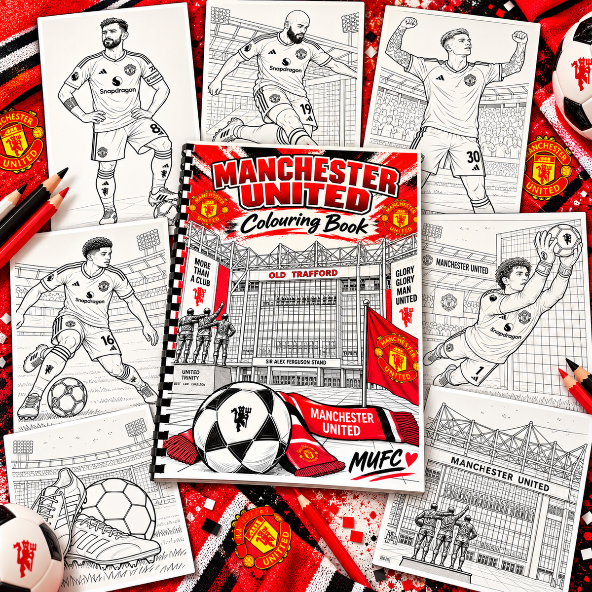 Manchester United colouring book cover surrounded by football player, boot and stadium colouring pages.