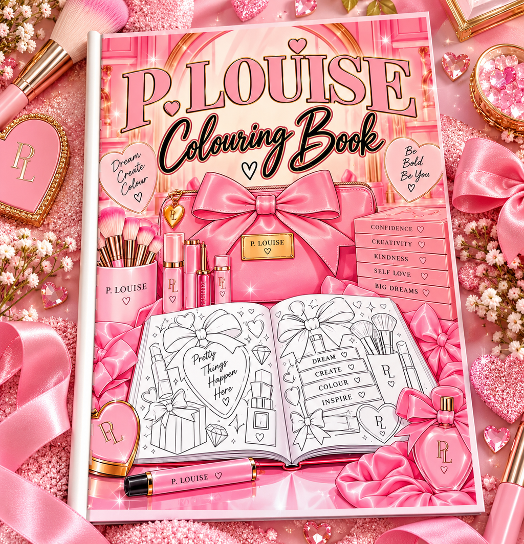 P. Louise inspired colouring book with a pink bow and makeup-themed cover on a pink glitter background.