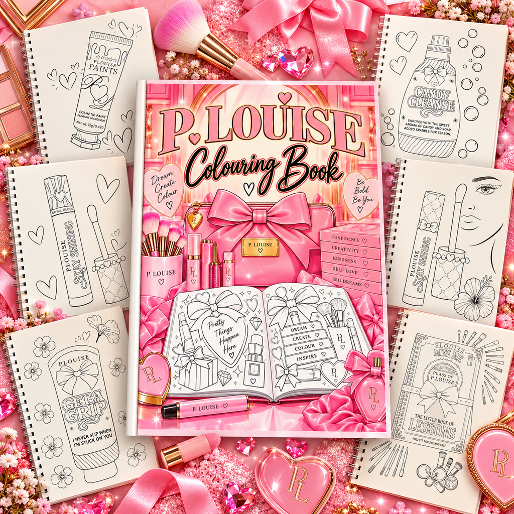 P. Louise inspired colouring book cover surrounded by six sample colouring pages featuring makeup and beauty products.