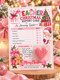 A5 Christmas teacher report card gift with pink heart-shaped wax melt, A+ grades, Santa illustrations and Merry Christmas message in a festive pink display.