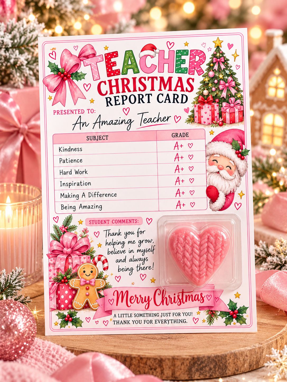 A5 Christmas teacher report card gift with pink heart-shaped wax melt, A+ grades, Santa illustrations and Merry Christmas message in a festive pink display.
