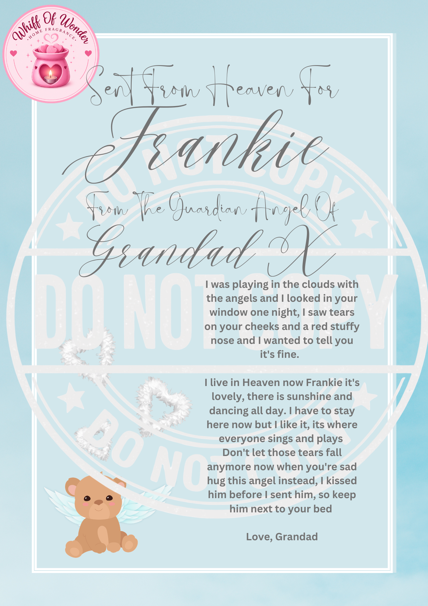 A Message From Heaven Bear Design | Handmade | Personalised Gift | In Memory | A4 | Custom Gifts Uk