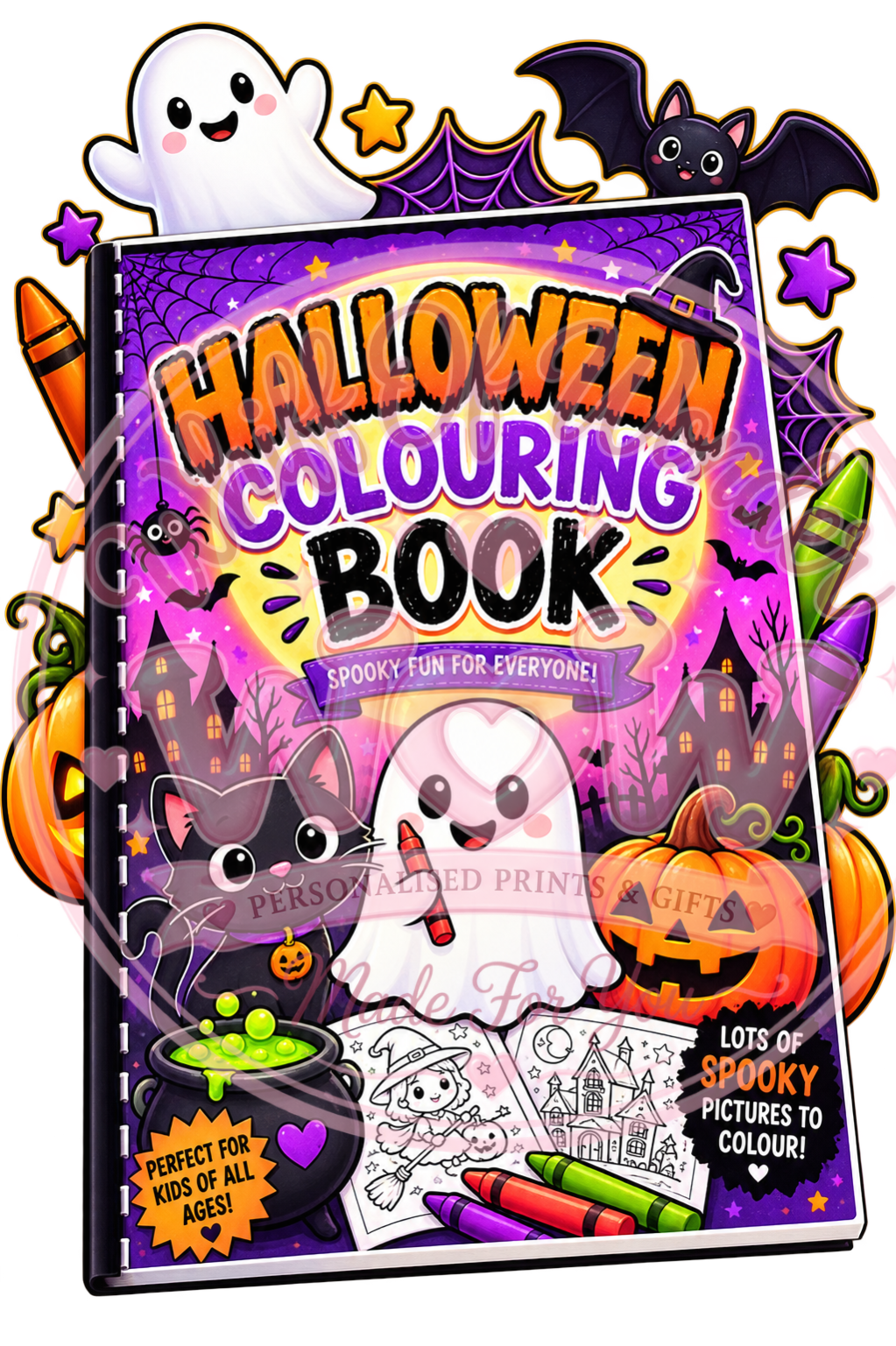 Halloween colouring book cover with a ghost, pumpkin, black cat and bat on a white background.