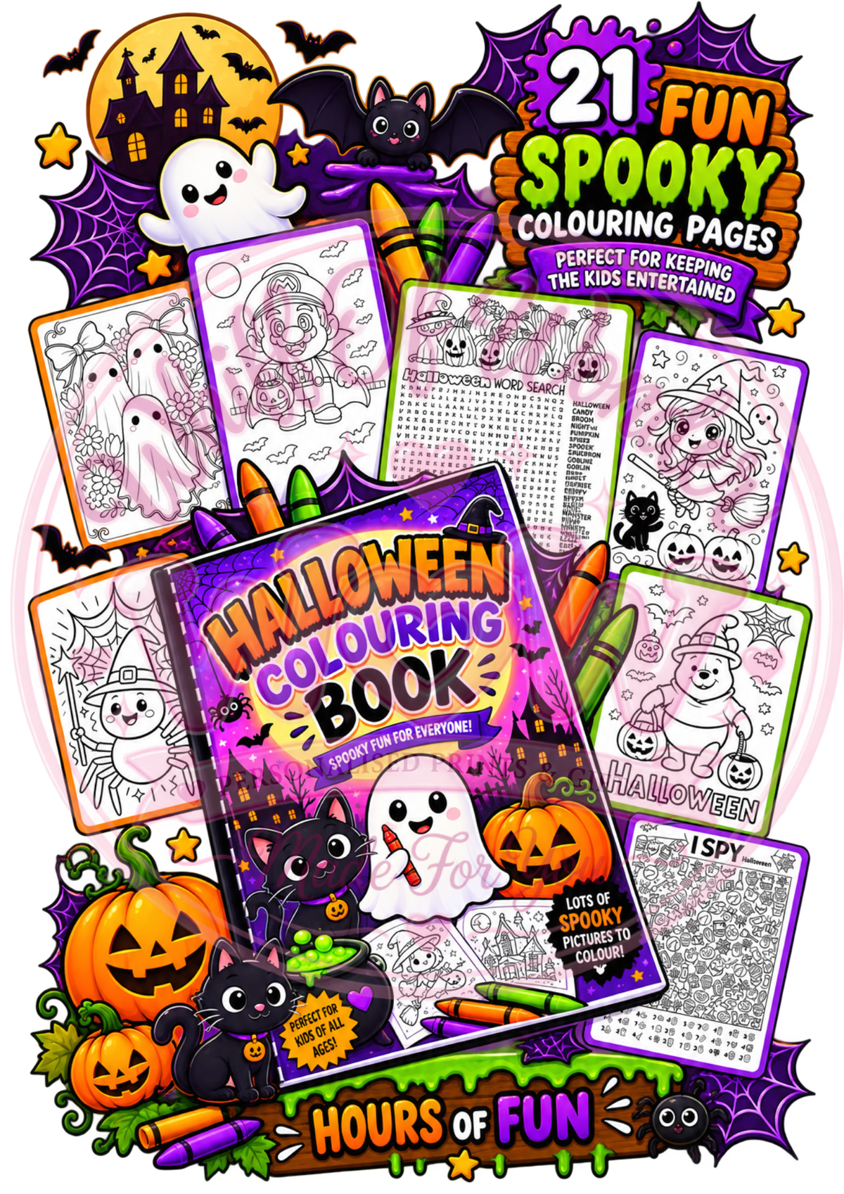 Halloween colouring book cover in front of sample black-and-white spooky colouring pages.