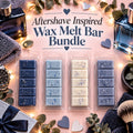 Aftershave Inspired Wax Melt Bar Bundle graphic with blue and cream bars, fragrance bottles and grooming accessories.