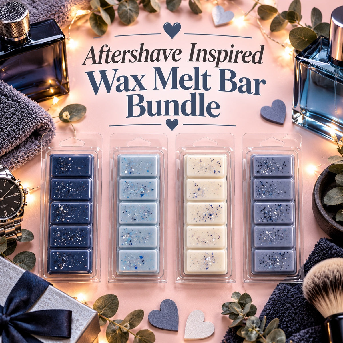 Aftershave Inspired Wax Melt Bar Bundle graphic with blue and cream bars, fragrance bottles and grooming accessories.