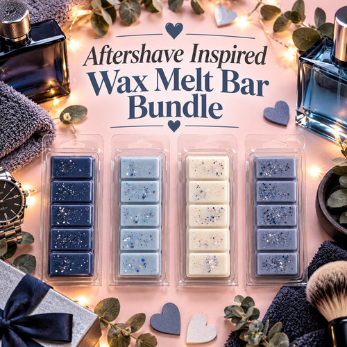Aftershave Inspired Wax Melt Bar Bundle graphic with blue and cream bars, fragrance bottles and grooming accessories.