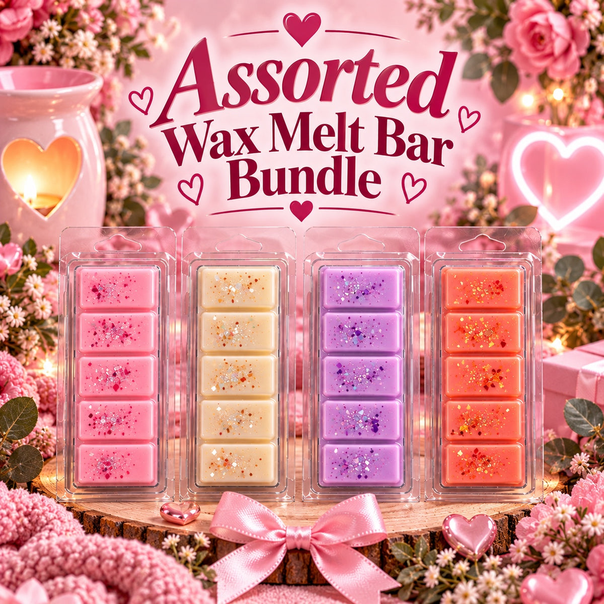 Assorted Wax Melt Bar Bundle graphic with pink, cream, purple and orange bars on a pink floral background.