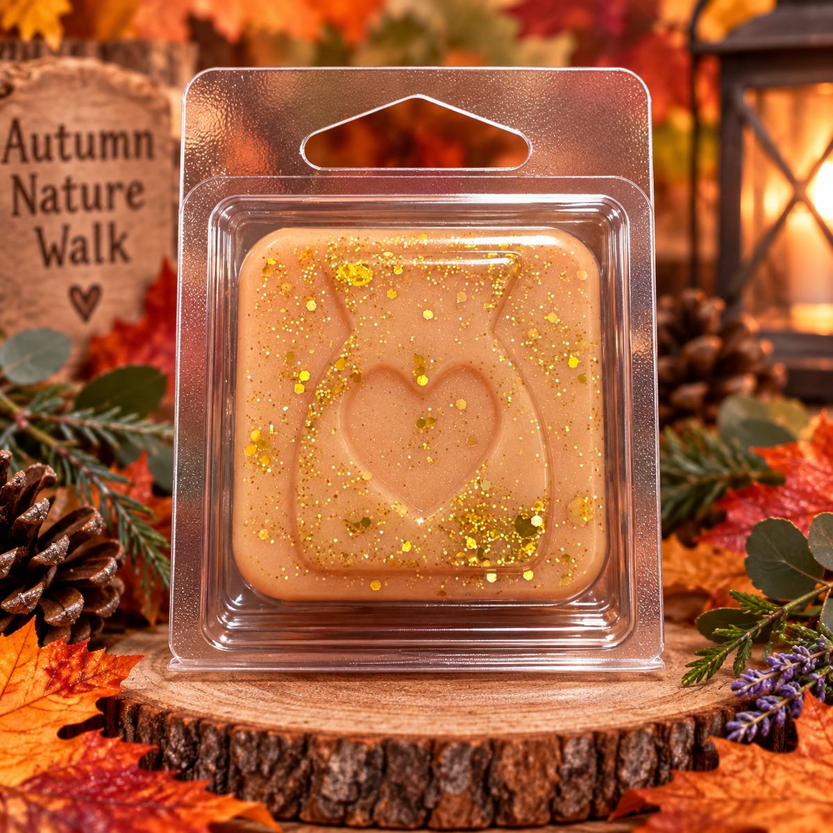 Peach Autumn Nature Walk sample wax melt with a heart design and gold flecks in a woodland-inspired display.