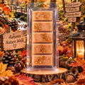 Peach Autumn Nature Walk wax melt bar with gold flecks in a woodland display with leaves, pine cones and a lantern.