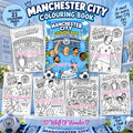 Manchester City colouring book cover surrounded by football player and stadium colouring pages on a blue background.