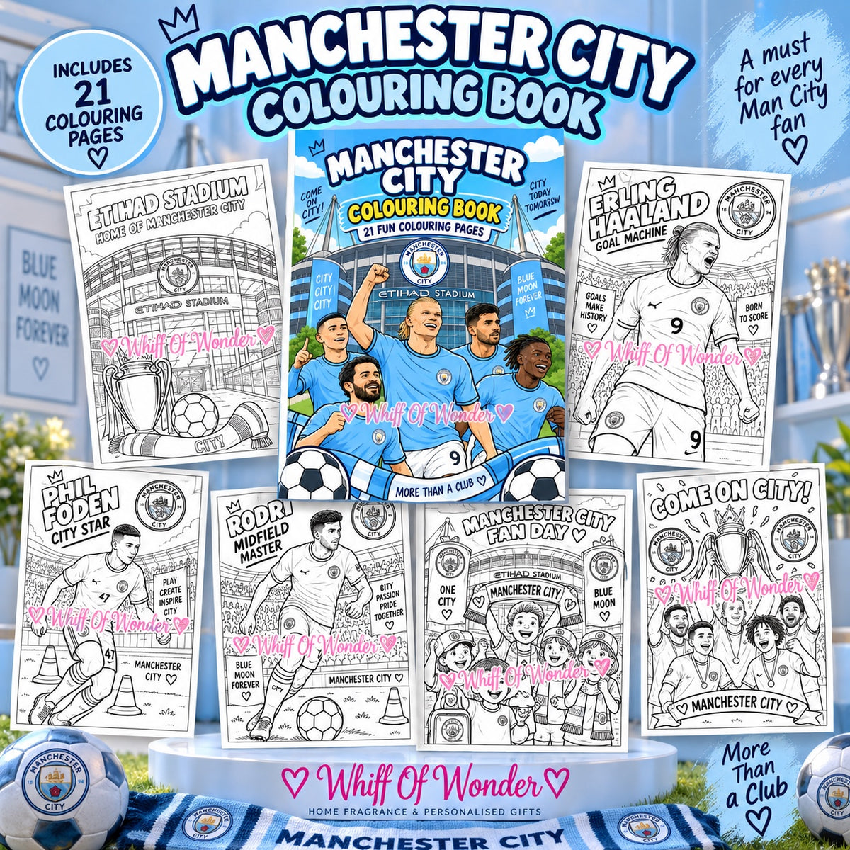 Manchester City colouring book cover surrounded by football player and stadium colouring pages on a blue background.