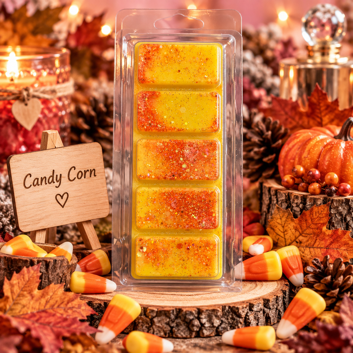 Yellow and orange Candy Corn wax melt bar in clear packaging, surrounded by candy corn and autumn decorations.