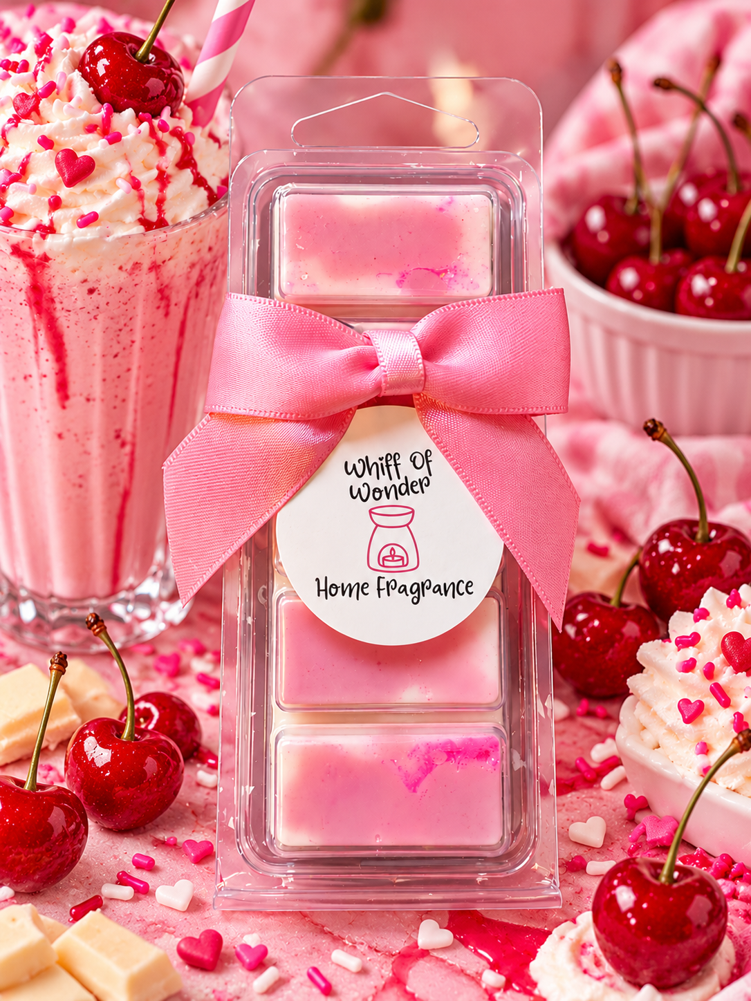 Pink and cream Cherry Milkshake waxident wax melt bar with a pink bow, surrounded by cherries and milkshakes.