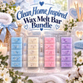 Clean Home Inspired Wax Melt Bar Bundle graphic with four pastel bars, white flowers and blue ribbon.
