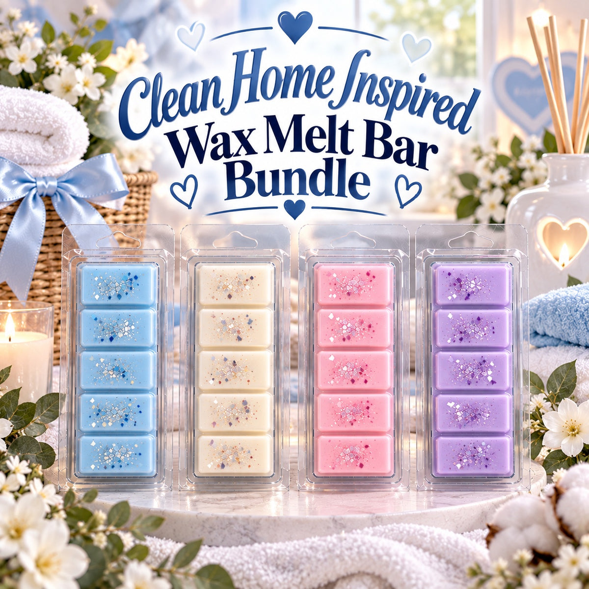 Clean Home Inspired Wax Melt Bar Bundle graphic with four pastel bars, white flowers and blue ribbon.