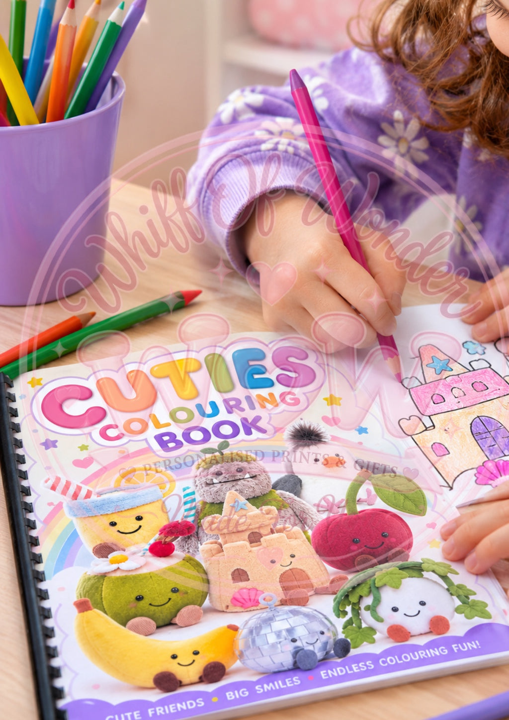 Child holding a pink pencil over the Cuties colouring book with colourful cute characters on the cover.
