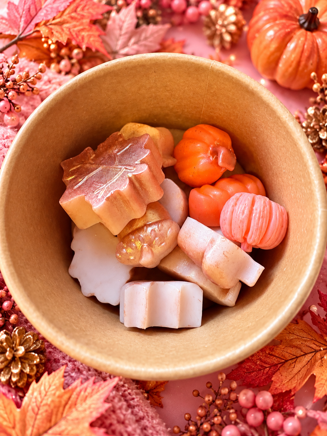 Egyptian Amber Autumn Scoopies waxident assortment in a kraft tub, with pumpkin and leaf shapes on a pink autumn background.