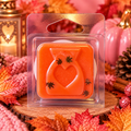 Orange Egyptian Amber sample wax melt with a heart design in clear packaging on a pink autumn background.