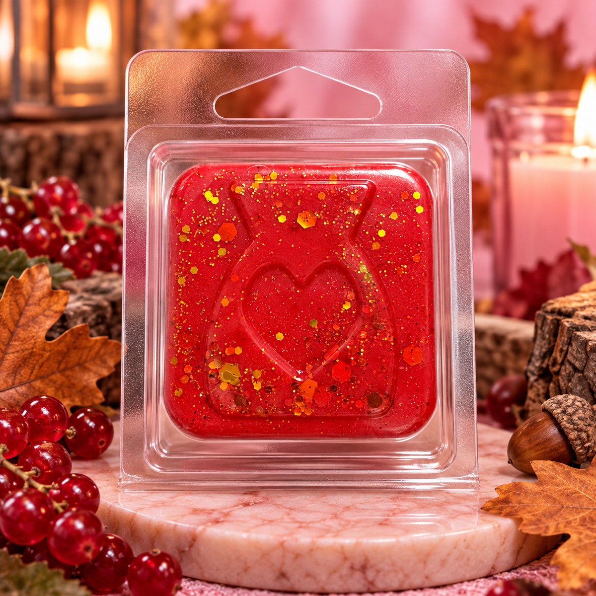 Red English Oak & Redcurrant sample wax melt with a heart design and gold flecks on a pink autumn background.