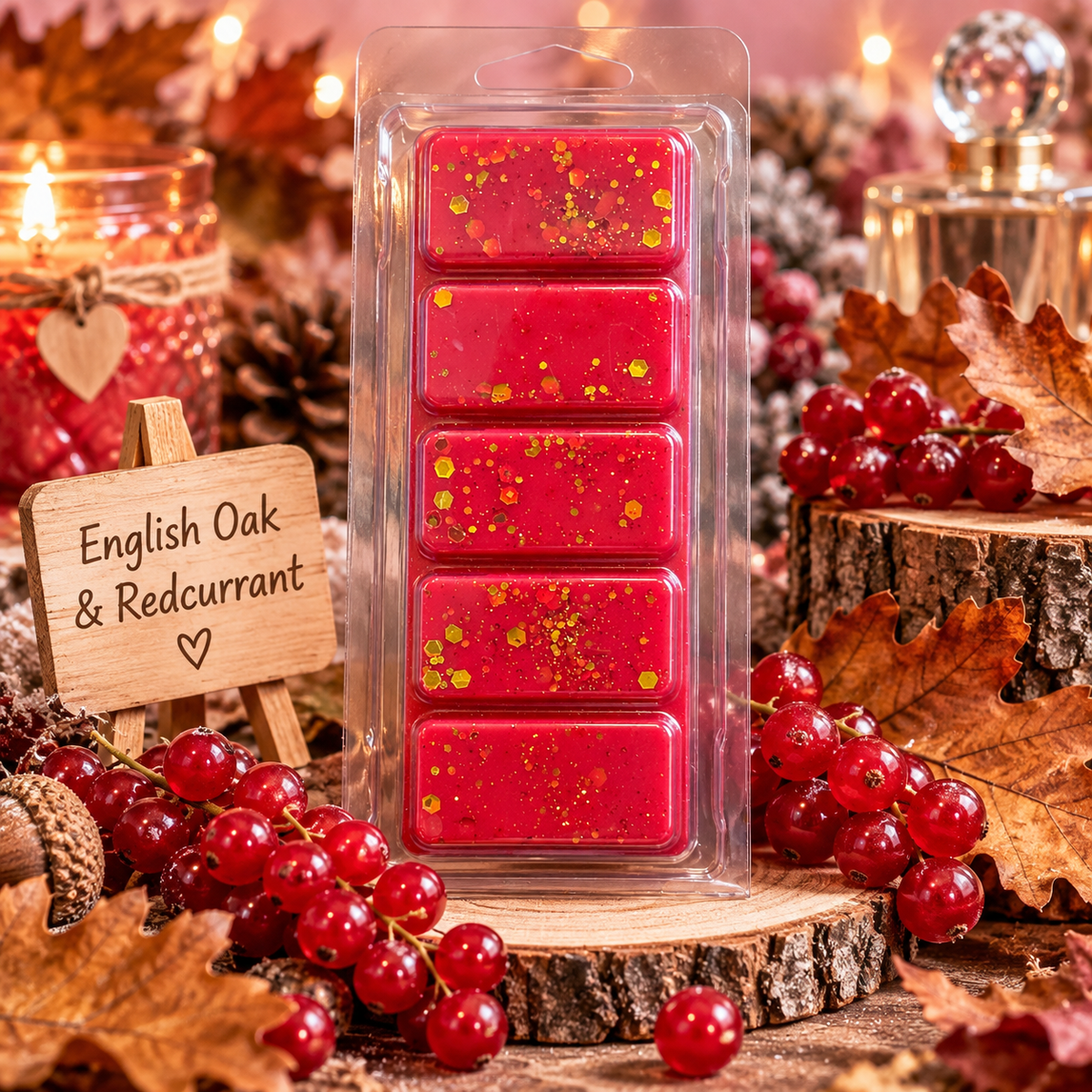 Red English Oak & Redcurrant wax melt bar with gold flecks, displayed among redcurrants and autumn leaves.