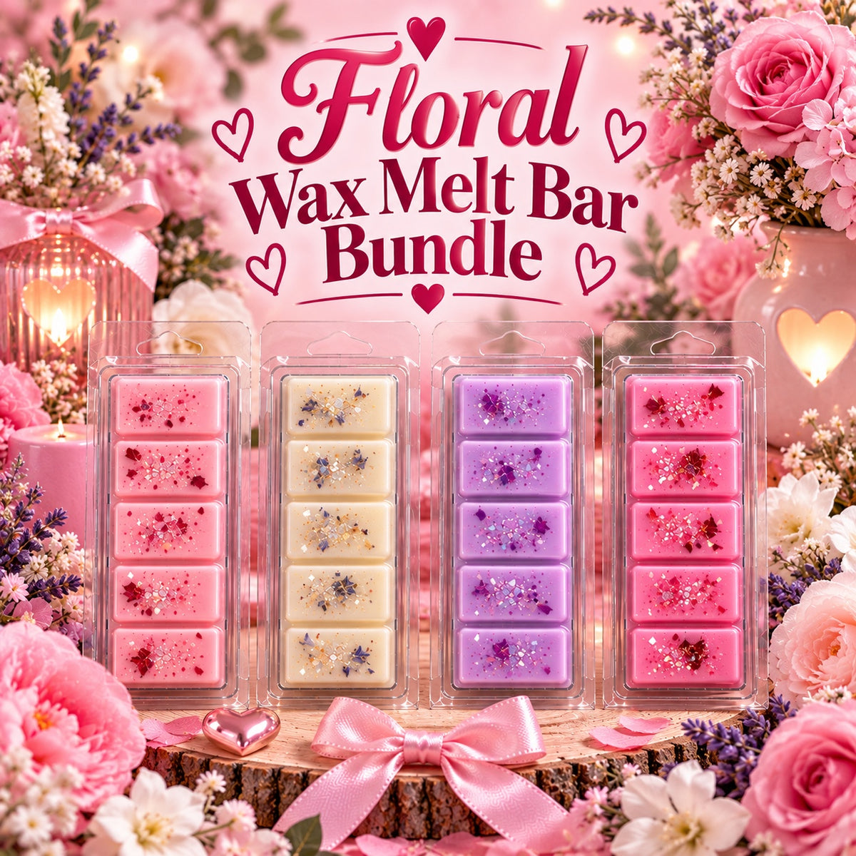 Floral Wax Melt Bar Bundle graphic with four pastel bars surrounded by pink flowers.