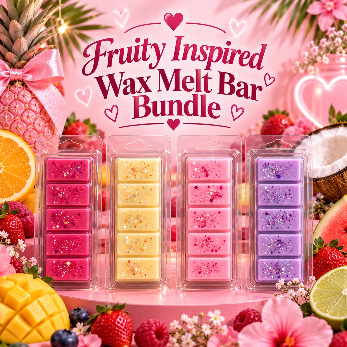 Fruity Inspired Wax Melt Bar Bundle graphic with four colourful bars surrounded by fruit on a pink background.