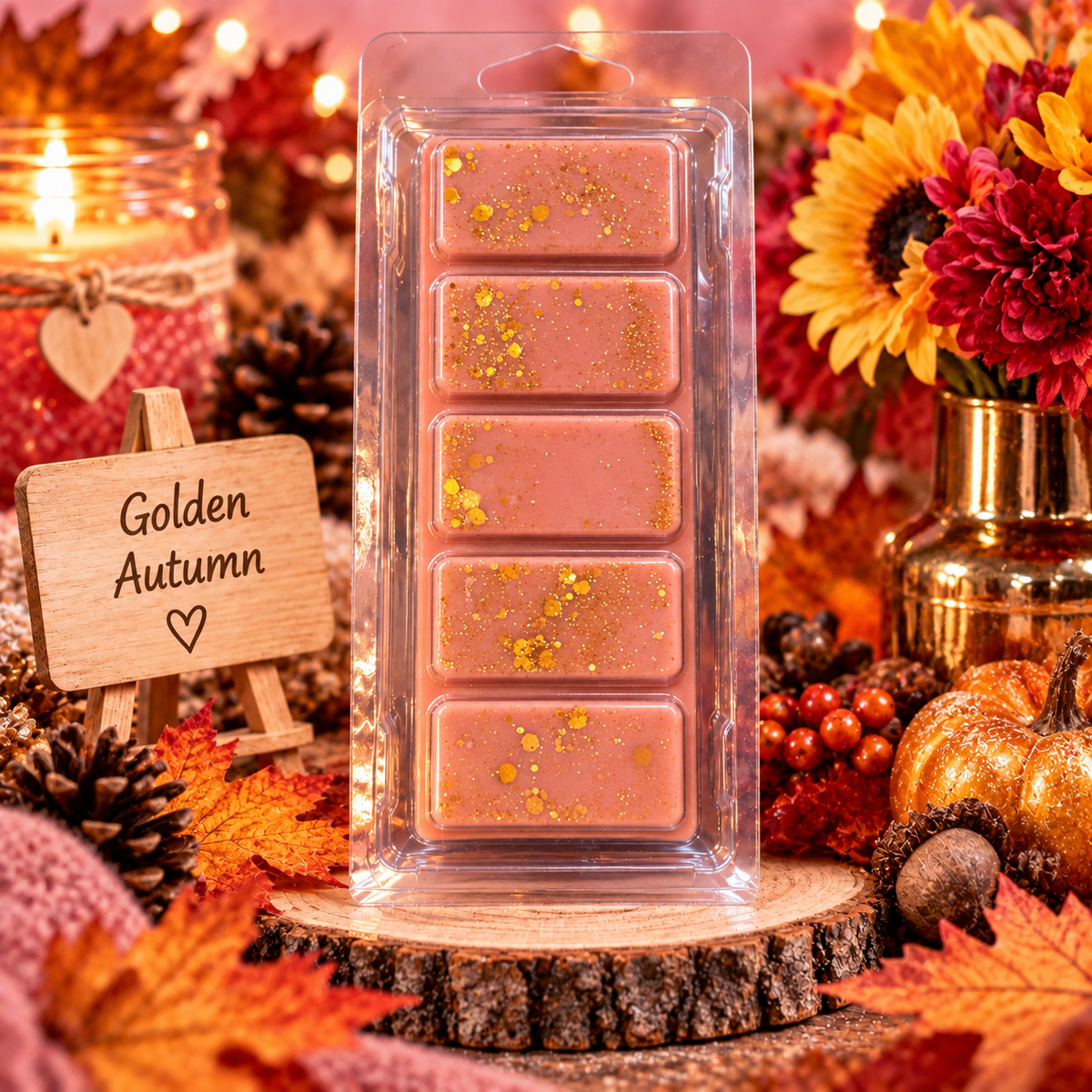 Pink Golden Autumn wax melt bar with gold flecks on a wooden stand among autumn flowers and leaves.