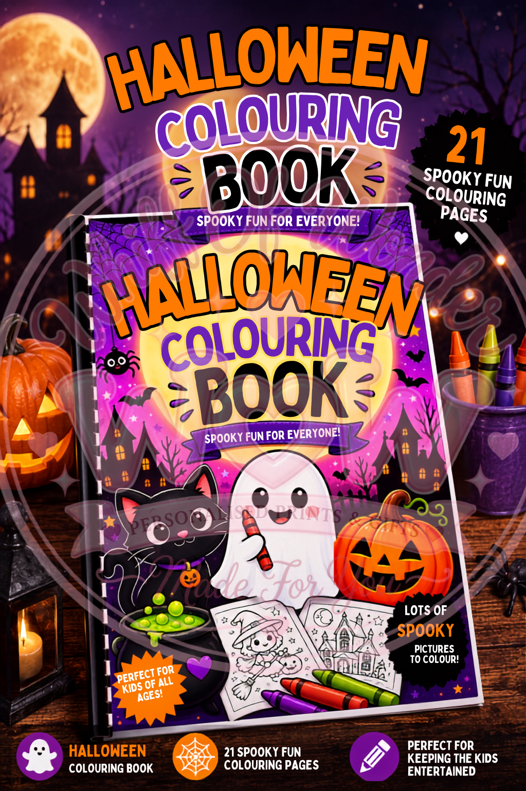 Halloween colouring book displayed against a spooky backdrop with a ghost, pumpkin and haunted house.