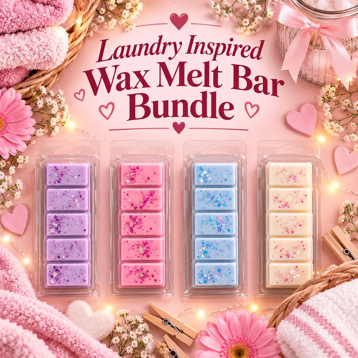 Laundry Inspired Wax Melt Bar Bundle graphic with four pastel wax melt bars on a pink background.