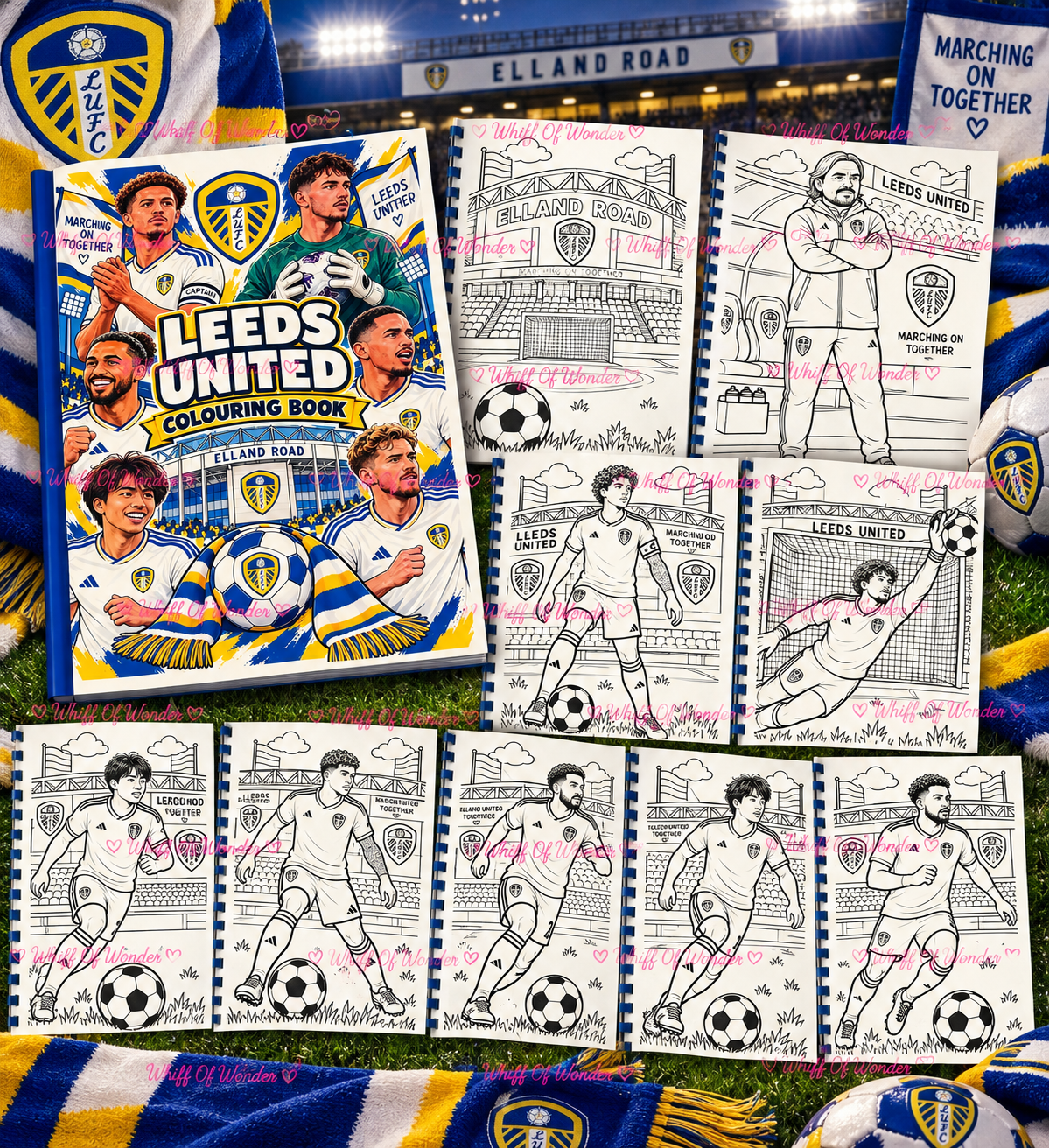 Leeds United colouring book cover with football players, Elland Road and sample colouring pages.