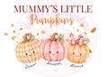 Mummy's Little Pumpkins personalised print with three smiling autumn pumpkins and children's names.