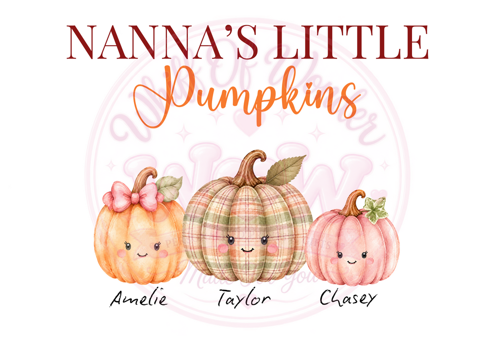Nanna's Little Pumpkins personalised print with three smiling pumpkins named Amelie, Taylor and Chase.
